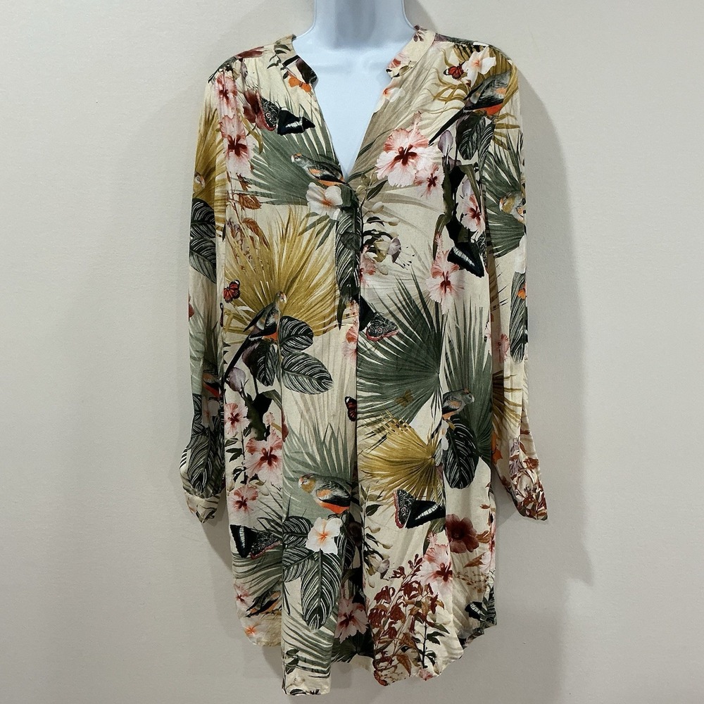 H&M tropical print v neck tunic Blouse Cover Up womens US size 4 Beach Vacation